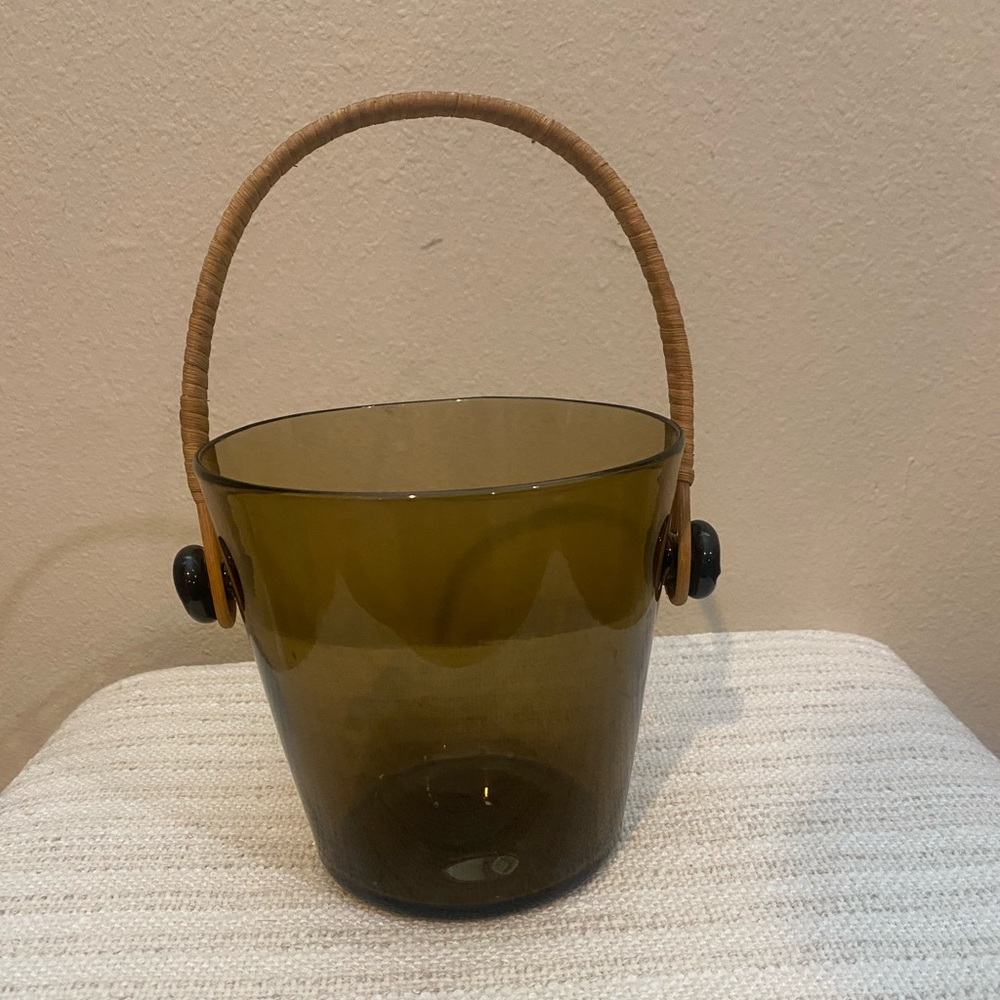 Vintage Brown Tinted Glass Bucket with Wrapped Rattan Handle